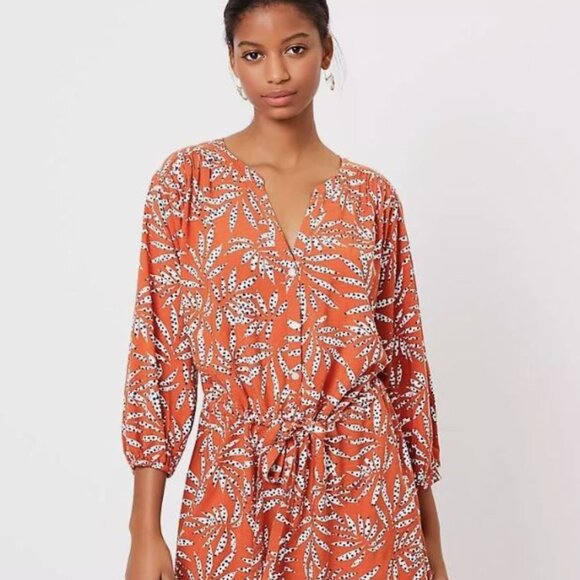 NWT Loft Beach Leafed Button V Neck Romper Orange - Picture 1 of 10